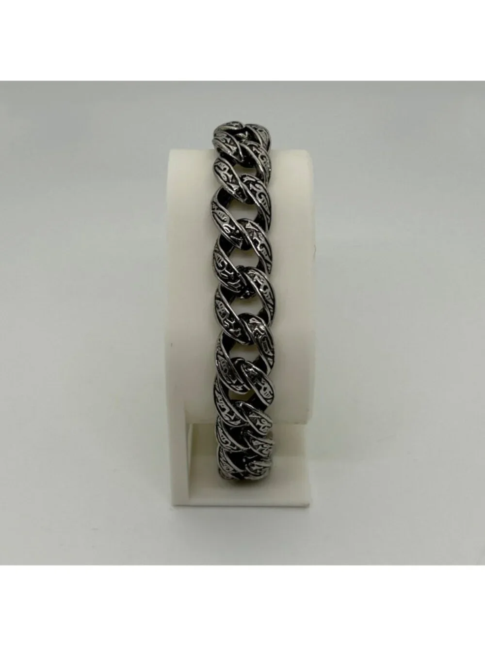 Men's Vintage Stainless Steel Curb Chain Bracelet Tribal Tattoo Etched Design